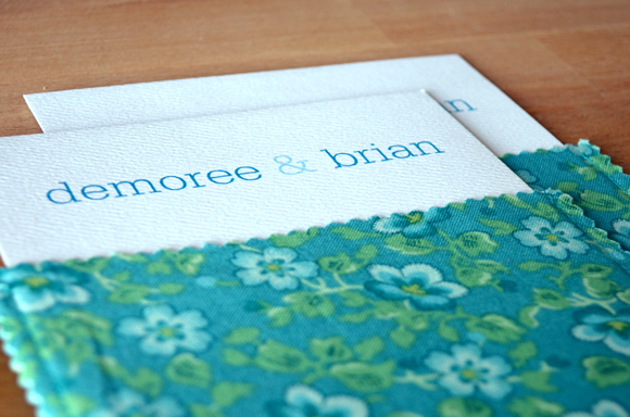 Blue and green fabric envelope wedding invitation